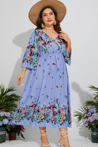 Thumbnail for Plus Size Floral V-Neck Three-Quarter Sleeve Midi Dress