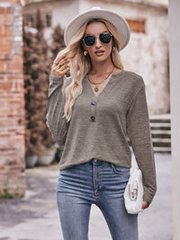 Thumbnail for Buttoned Notched Neck Long Sleeve Top