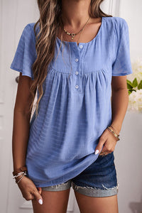 Thumbnail for Quarter-Button Round Neck Short Sleeve Top