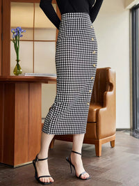 Thumbnail for Houndstooth Decorative Button Slit Midi Skirt
