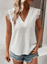 Thumbnail for V-Neck Cap Sleeve Spliced Lace Top