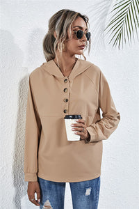 Thumbnail for Buttoned Raglan Sleeve Hooded Blouse