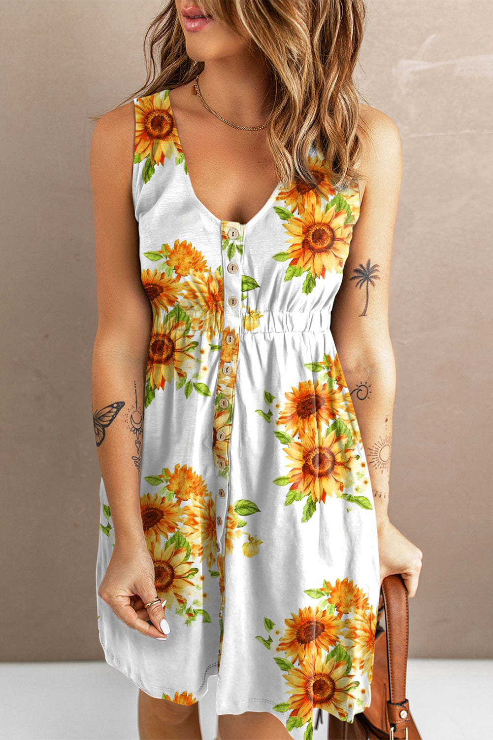 sunflower dress for women Sunflower Print Button Down Sleeveless Dress
