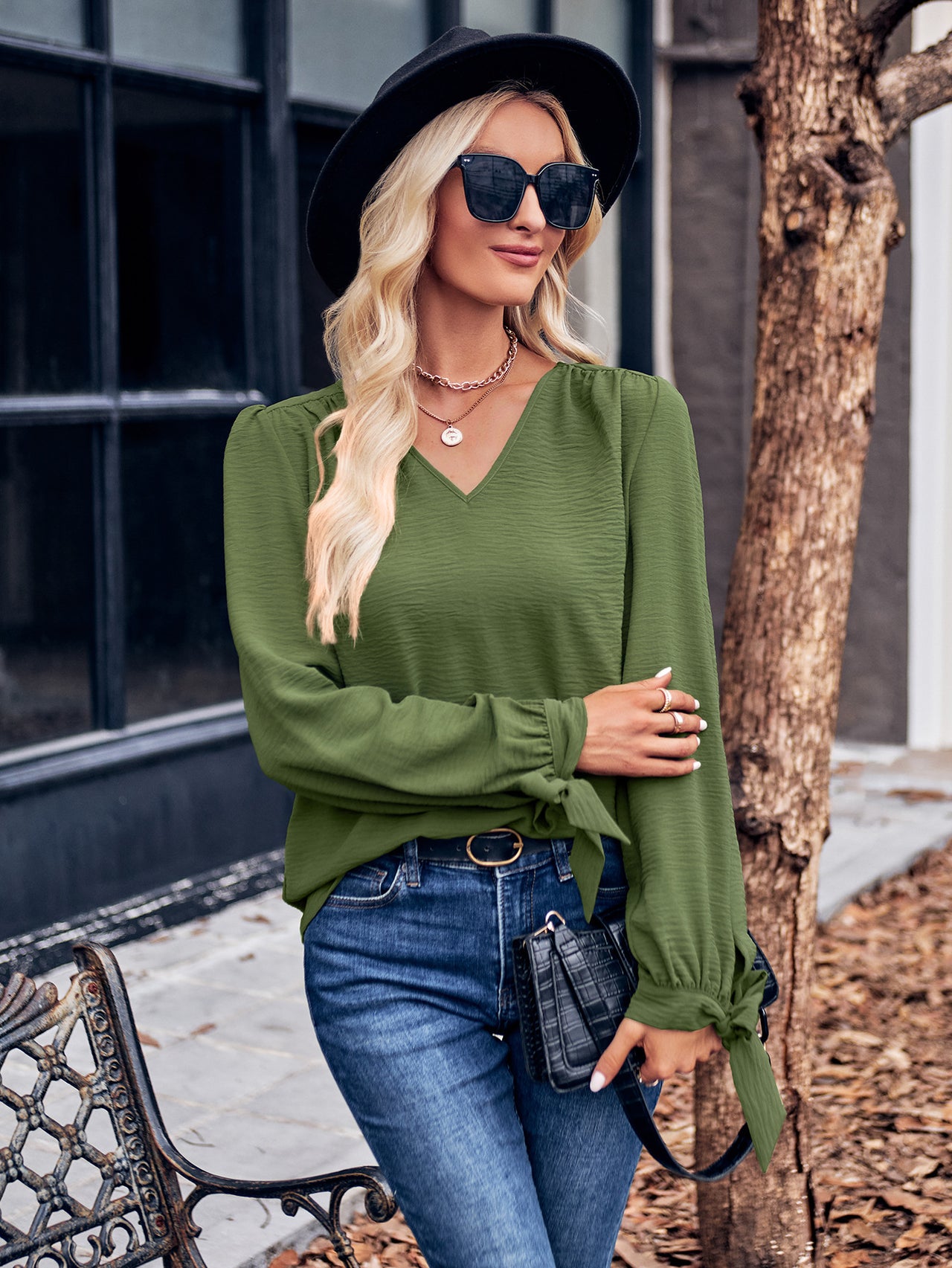 V-Neck Tie Cuff Puff Sleeve Blouse