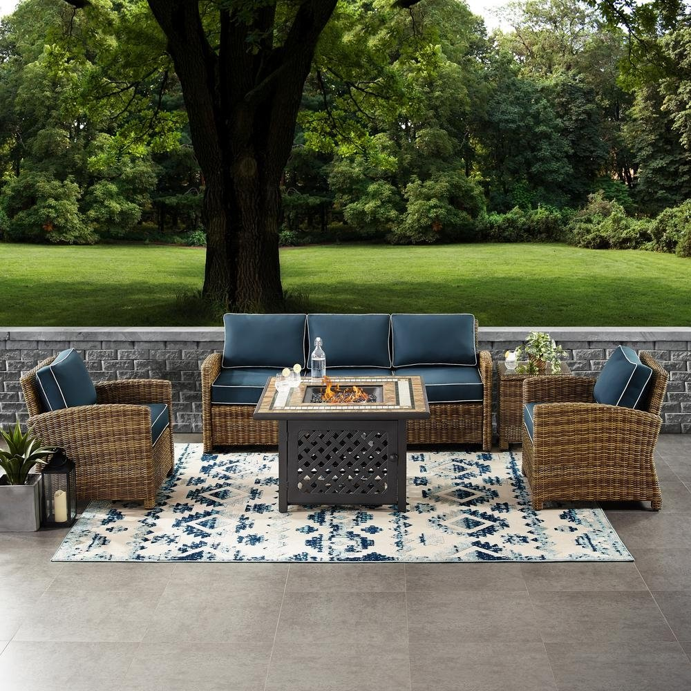 Bradenton 5Pc Outdoor Wicker Conversation Set W/Fire Table Weathered Brown/Navy - Sofa, 2 Arm Chairs, Side Table, Fire Table