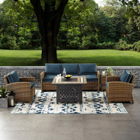 Thumbnail for Bradenton 5Pc Outdoor Wicker Conversation Set W/Fire Table Weathered Brown/Navy - Sofa, 2 Arm Chairs, Side Table, Fire Table