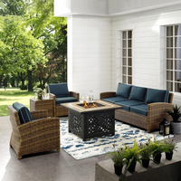 Thumbnail for Bradenton 5Pc Outdoor Wicker Conversation Set W/Fire Table Weathered Brown/Navy - Sofa, 2 Arm Chairs, Side Table, Fire Table