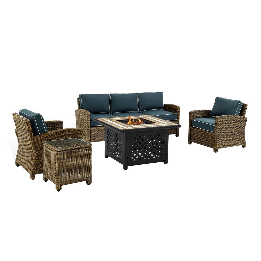 Bradenton 5Pc Outdoor Wicker Conversation Set W/Fire Table Weathered Brown/Navy - Sofa, 2 Arm Chairs, Side Table, Fire Table