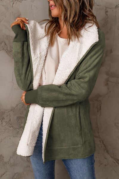 Open Front Long Sleeve Sherpa Jacket with Pockets