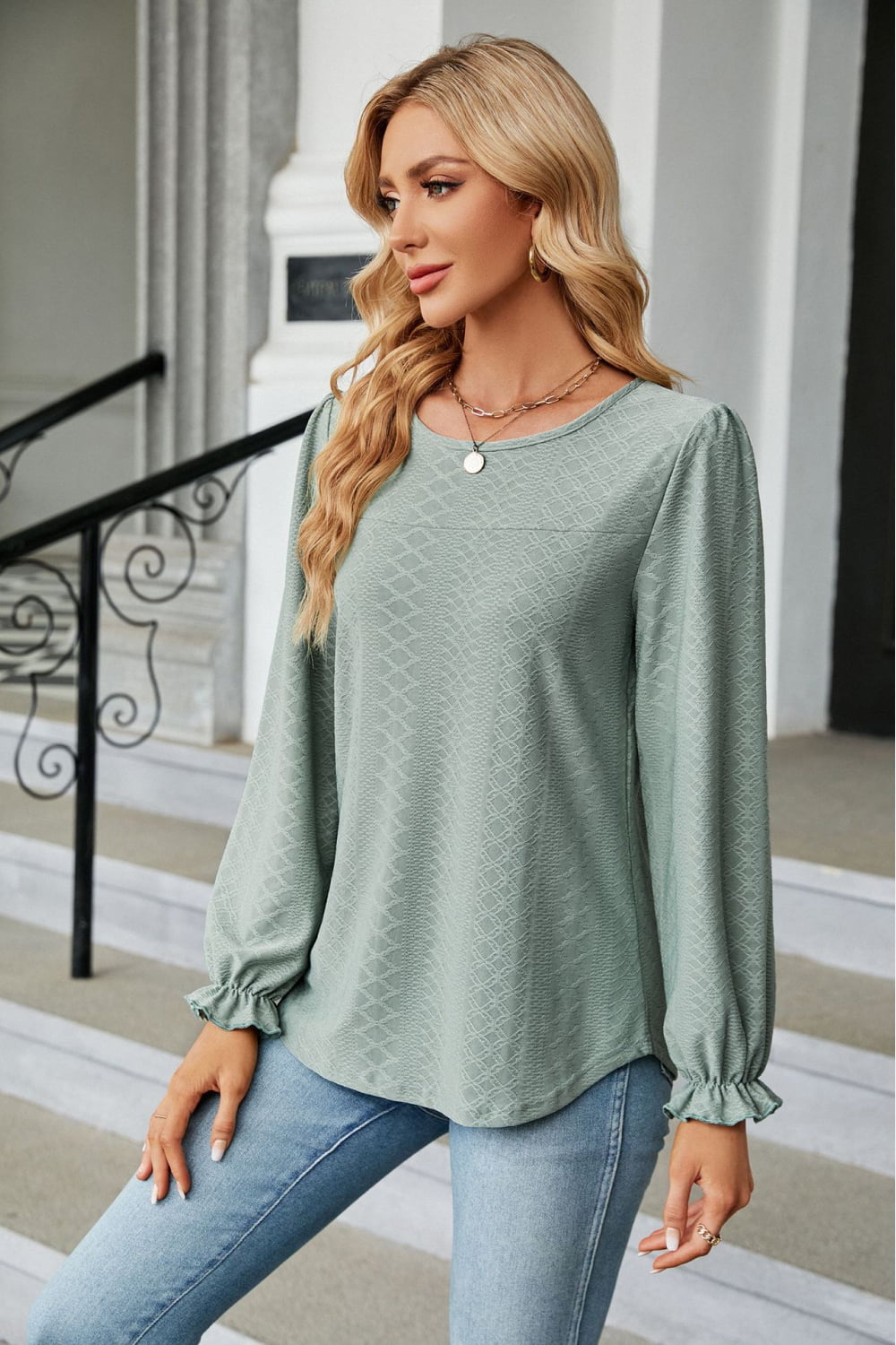 Round Neck Flounce Sleeve Blouse