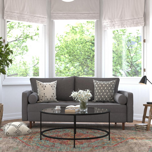Hudson Mid-Century Modern Sofa with Tufted Faux Linen Upholstery & Solid Wood Legs in Dark Gray