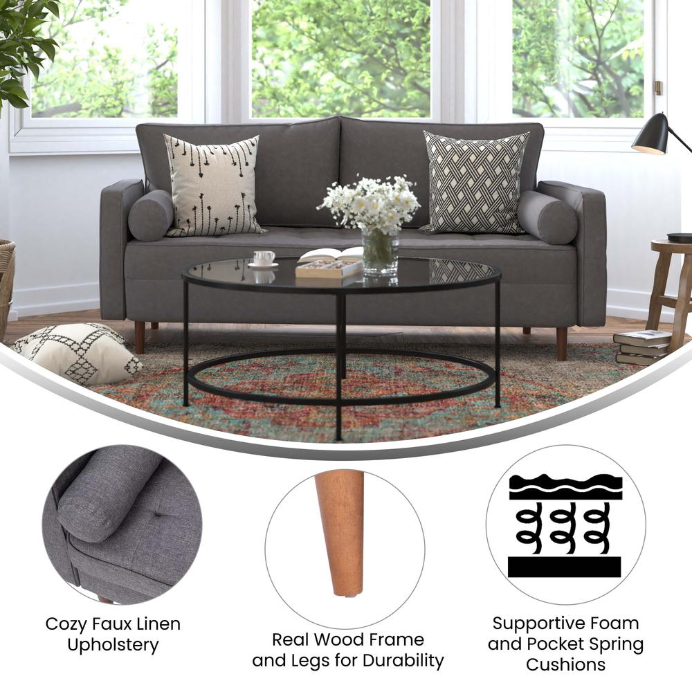 Hudson Mid-Century Modern Sofa with Tufted Faux Linen Upholstery & Solid Wood Legs in Dark Gray
