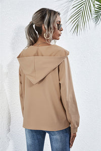 Thumbnail for Buttoned Raglan Sleeve Hooded Blouse