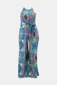 Thumbnail for Plus Size Printed Tie Waist Jumpsuit with Pockets
