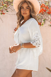 Thumbnail for Lace Trim Surplice Flare Sleeve Romper