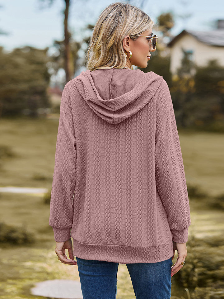 Cable-Knit Zip-Up Hooded Blouse