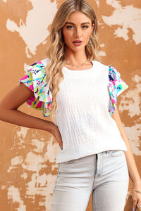 Thumbnail for Multicolored Flutter Sleeve Round Neck Blouse