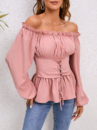 Thumbnail for Lace-Up Balloon Sleeve Off-Shoulder Blouse