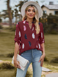 Thumbnail for Printed Roll-Tab Sleeve Notched Neck Blouse