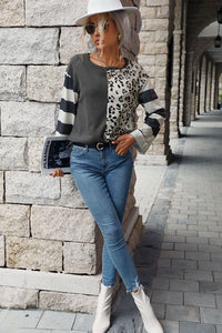 Thumbnail for Leopard Striped Round Neck Long Sleeve Tee