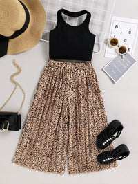 Thumbnail for Girls Ribbed Halter Neck Tank and Leopard Pleated Wide Leg Pants Set