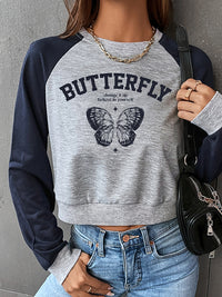 Thumbnail for Round Neck Raglan Sleeve Butterfly Graphic Sweatshirt