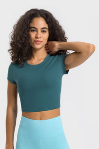 Thumbnail for Round Neck Short Sleeve Cropped Sports T-Shirt