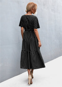 Thumbnail for Printed V-Neck Flutter Sleeve Belted Dress