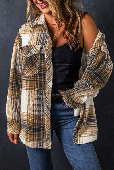 Plaid Pocketed Dropped Shoulder Coat