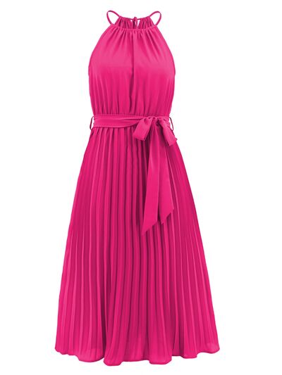 Pleated Spaghetti Strap Tie Waist Midi Dress