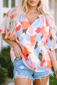 Thumbnail for Printed Notched Neck Half Sleeve Blouse