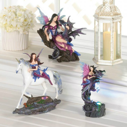 Fairy and Dragon Figurine with Crystal and Light