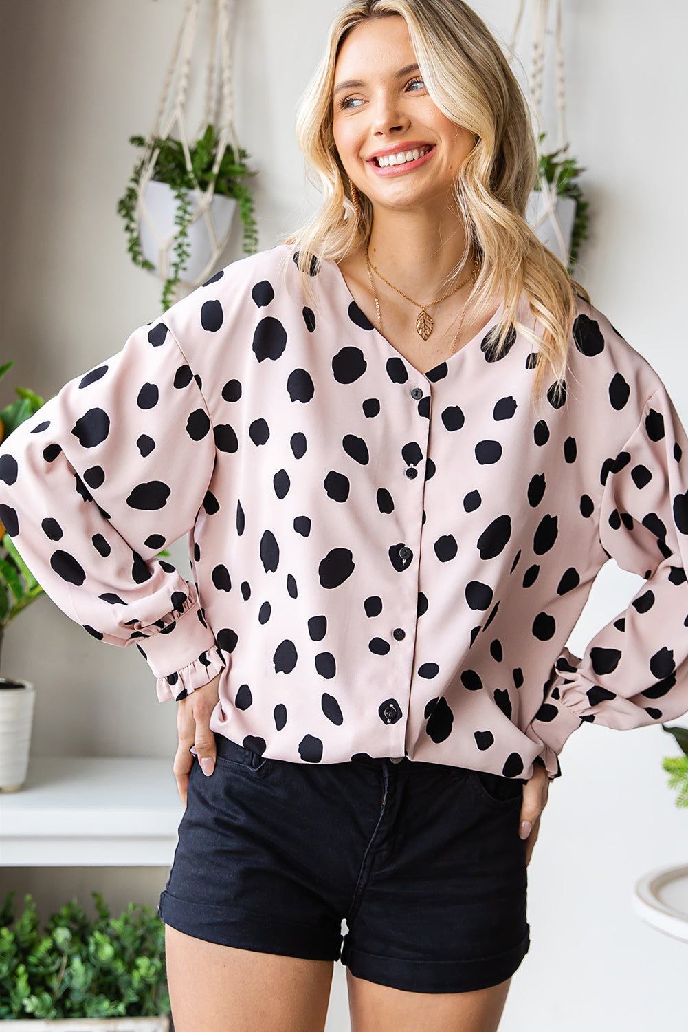 Printed Button Up Flounce Sleeve Shirt