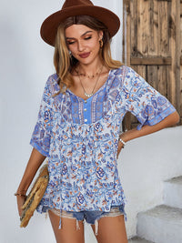 Thumbnail for Printed Tie Neck Half Sleeve Tunic Blouse