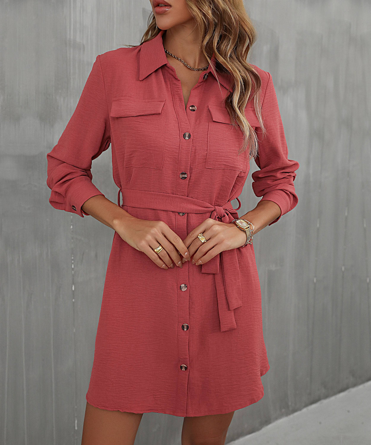 Button Down Belted Long Sleeve Shirt Dress - Mervyns