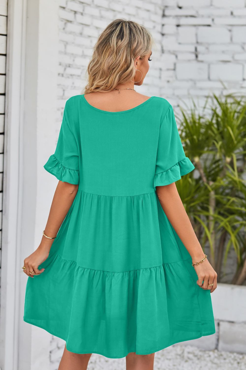 V-Neck Flounce Sleeve Tiered Dress