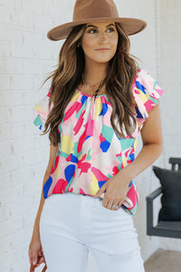Thumbnail for Multicolored Flutter Sleeve Round Neck Blouse