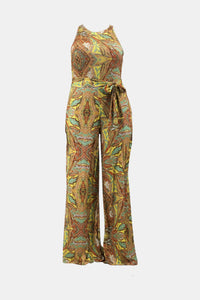 Thumbnail for Plus Size Printed Tie Waist Jumpsuit with Pockets