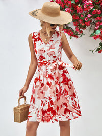 Thumbnail for Floral V-Neck Tie Waist Sleeveless Dress