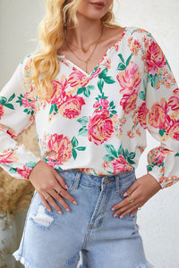 Thumbnail for Floral Notched Neck Long Sleeve Blouse