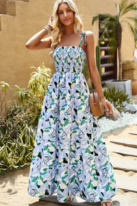 Thumbnail for Printed Tie-Shoulder Smocked Maxi Dress