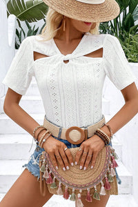 Thumbnail for Twisted Front Short Sleeve Eyelet Blouse