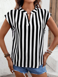 Thumbnail for Striped Notched Neck Cap Sleeve Blouse