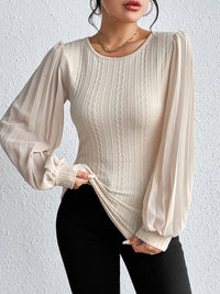 Thumbnail for Pleated Puff Sleeve Round Neck Blouse