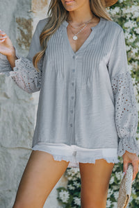 Thumbnail for Eyelet Button Front Notched Neck Blouse