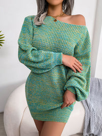 Thumbnail for Heathered Boat Neck Lantern Sleeve Sweater Dress