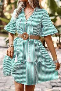 Thumbnail for Striped Tie Neck Flare Sleeve Dress