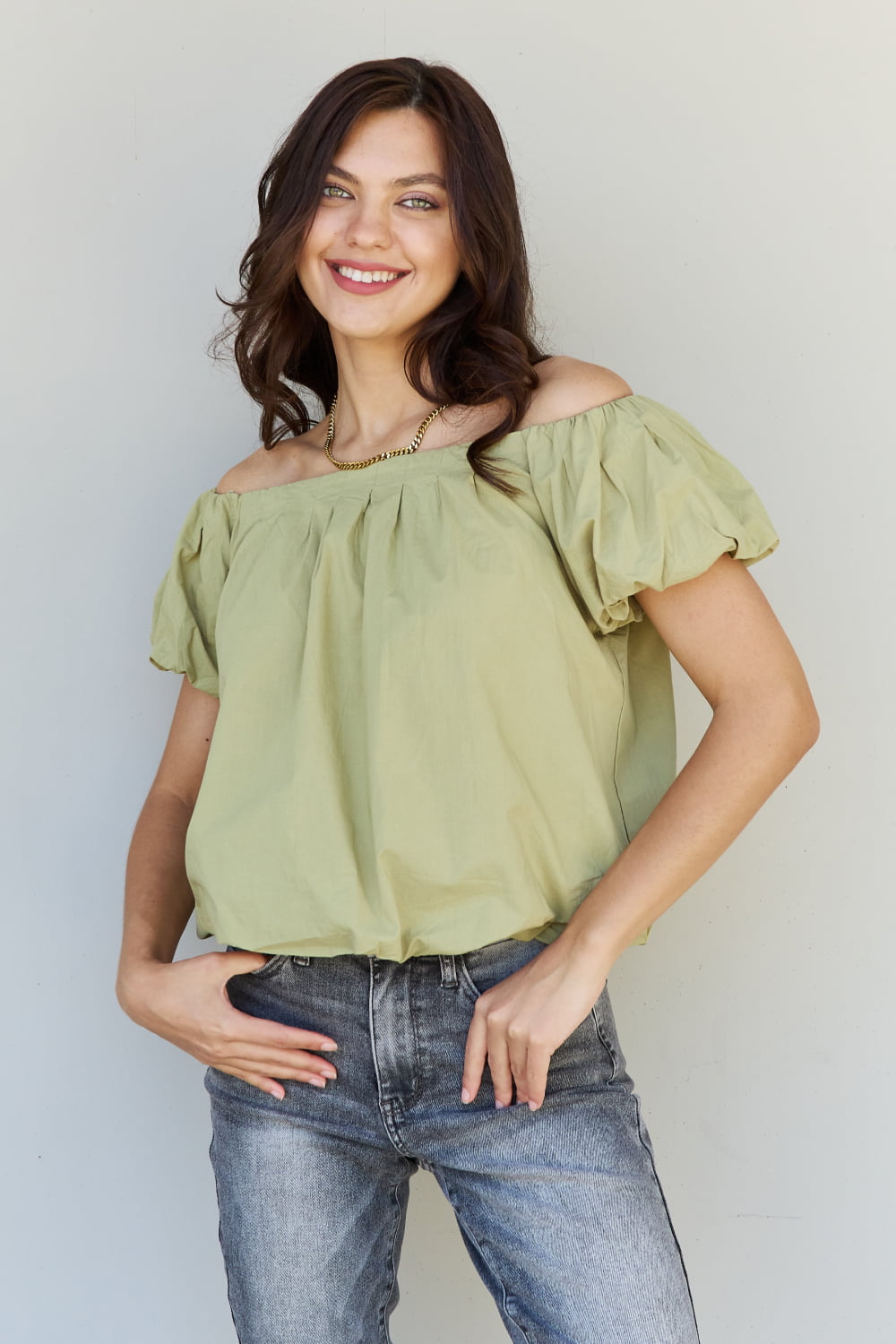 HEYSON Light The Way Off The Shoulder Puff Sleeve Blouse in Lime