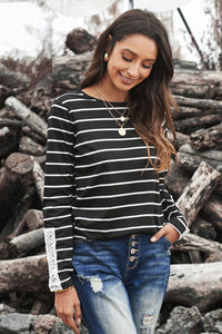 Thumbnail for Striped Lace Button Detail Top