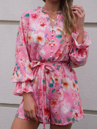 Thumbnail for Floral Button Front Tie-Waist Flounce Sleeve Romper
